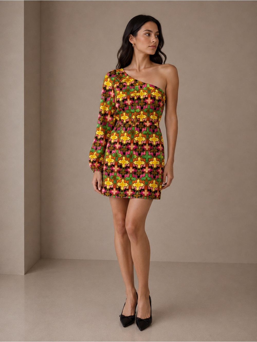 Judith March Retro One-Shoulder Mod Mini Multi Color Dress Size Small